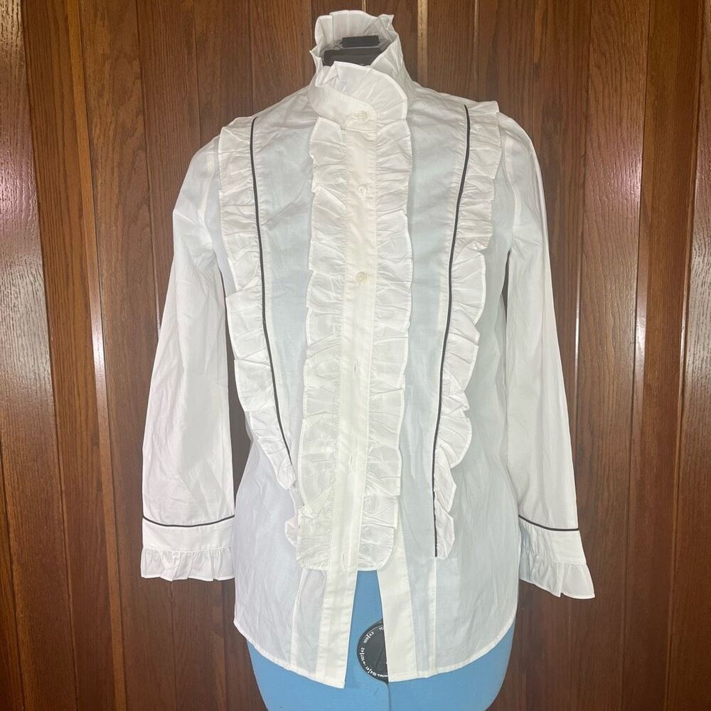 Tuckernuck White Hazel Victorian Ruffle Mock Neck Button Down Blouse Size S